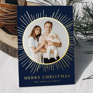 Modern Navy Sunburst Merry Christmas 2 Photo Foil Holiday Card