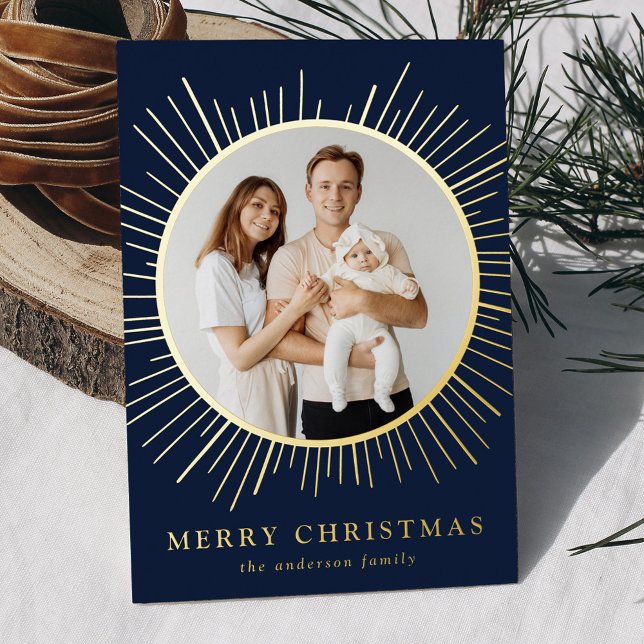 Modern Navy Sunburst Merry Christmas 2 Photo Foil Holiday Card (Creator Uploaded)