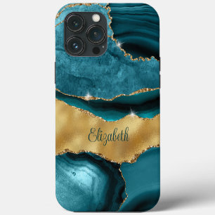 Modern Navy Teal and Gold Agate Monogram iPhone 13 Pro Max Case