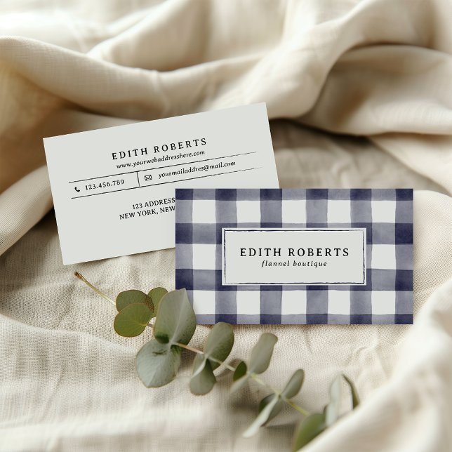 Modern Navy Watercolor Buffalo Plaid Rustic chic Business Card (Creator Uploaded)