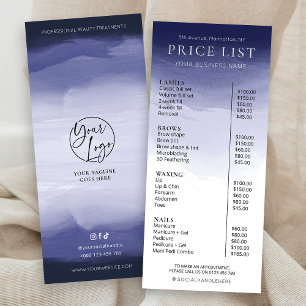 Modern Navy Watercolor Hair Salon Spa Price List Rack Card
