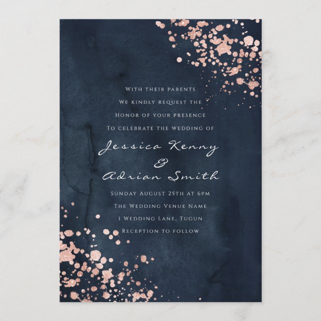 Modern Navy Watercolor Rose Gold Diamond Wedding Invitation (Front)