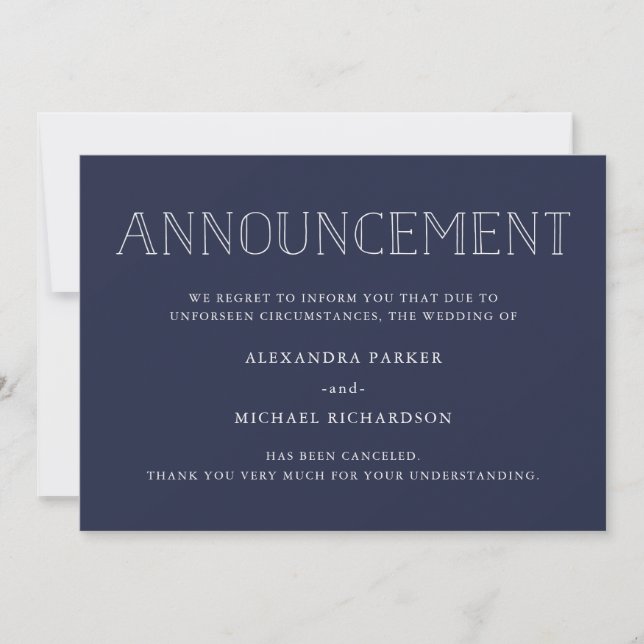 Modern Navy Wedding Cancellation Announcement (Front)