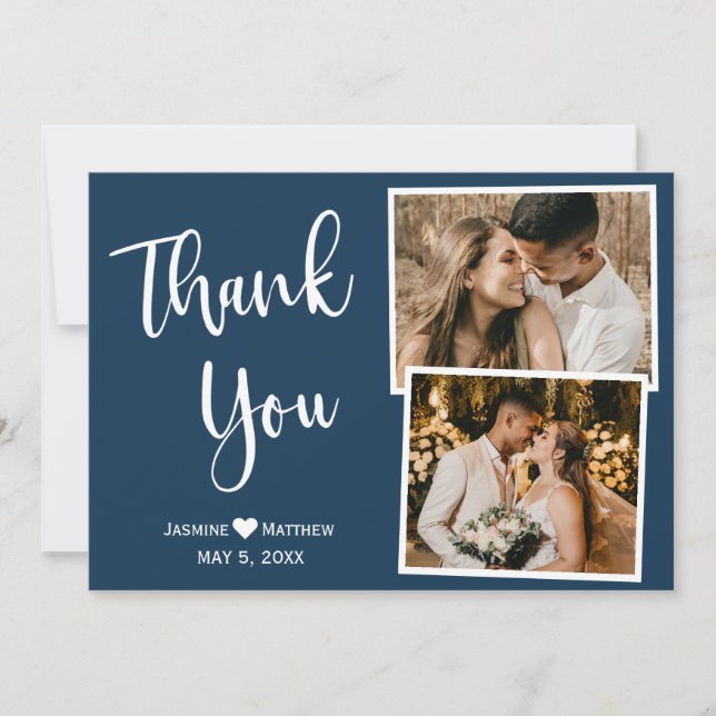 Modern Navy Wedding Thank You Photo Collage Card (Front)