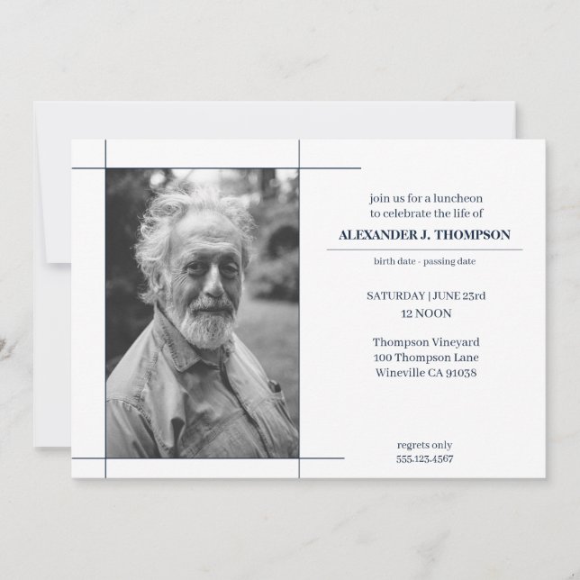 Modern Navy & White Celebrating the LIfe Funeral Thank You Card (Front)