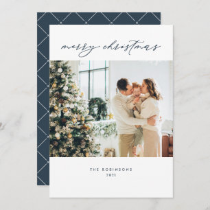 Modern Navy White Elegant Script Christmas Photo Holiday Card