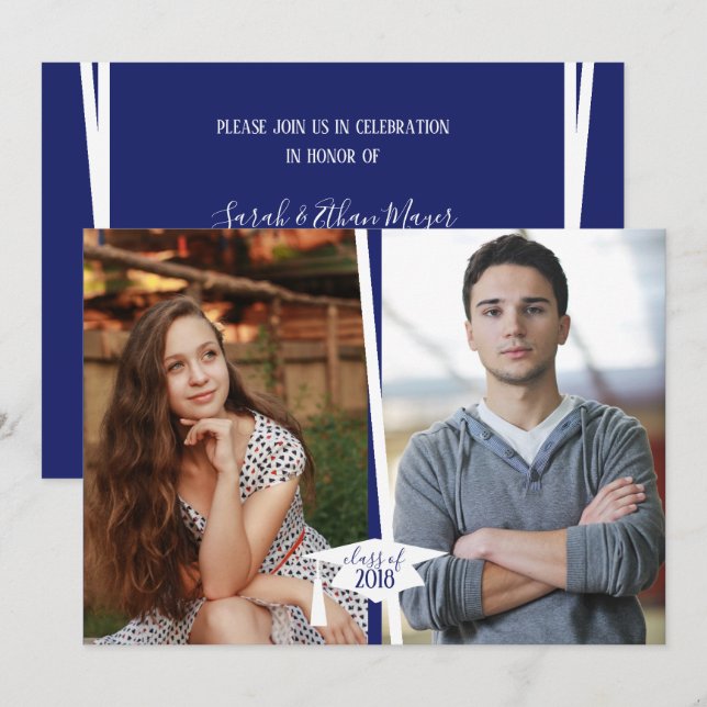 Modern Navy & White Graduation Photo Invitations (Front/Back)