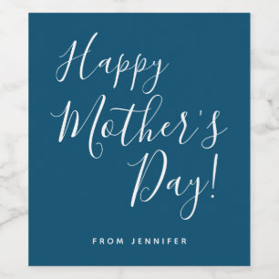 Modern Navy & White Happy Mother's Day Script Wine Label