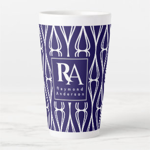 Modern Navy White Pattern Monogram Latte Mug