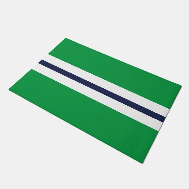 Modern Navy White Racing Stripes On Kelly Green Doormat (Angled)