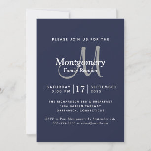 Modern Navy White Silver Monogram Family Reunion Invitation