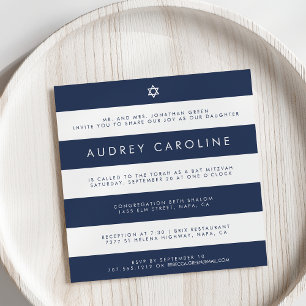 Modern Navy & White Stripe Bat Mitzvah Invitation