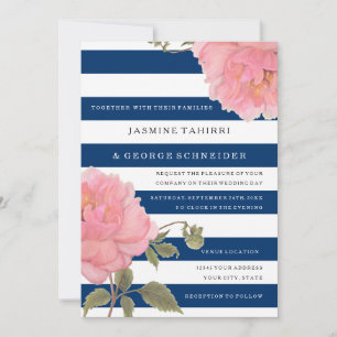 MODERN Navy Wide Stripes Pink Peony Flowers Floral Invitation