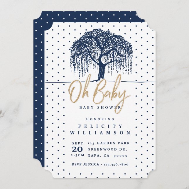 Modern Navy Willow Tree Baby Shower Invitation (Front/Back)