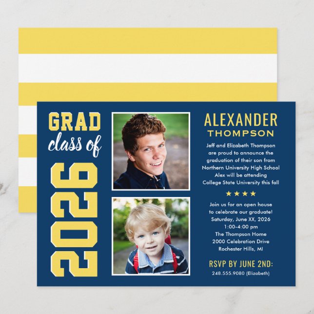 Modern Navy Yellow Two Photos Graduation Party Invitation (Front/Back)