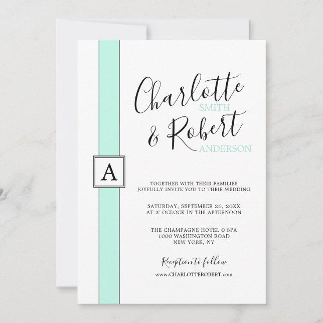 Modern Neo Mint Green Monogram Wedding Invitation (Front)
