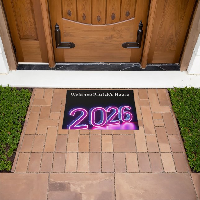 Modern Neon 2026 Happy New Year Welcome Doormat (Outdoor)