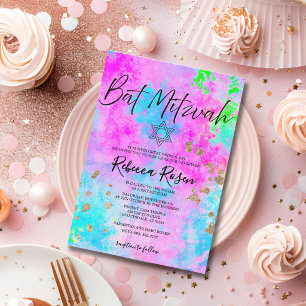 Modern Neon and Gold Watercolor Bat Mitzvah Invitation