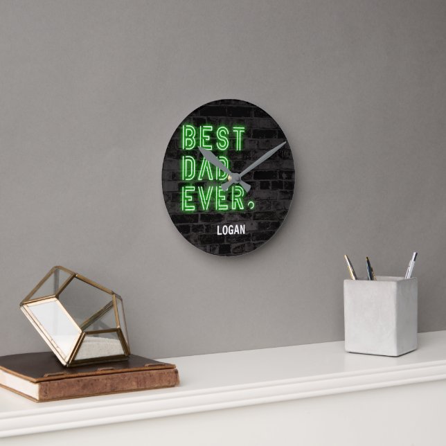 Modern Neon Best Dad Ever Personalised Round Clock (Office)