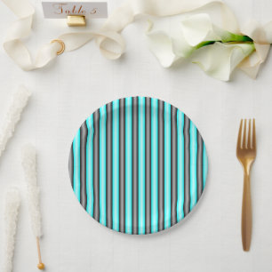 Modern Neon Blue and Black 3D Metal Effect Stripes Paper Plate