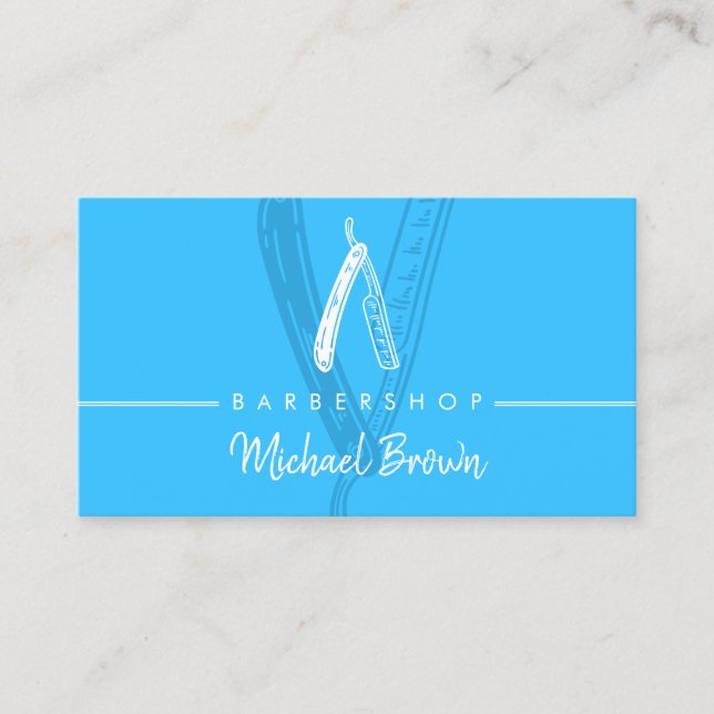 Modern Neon Blue Barber Razor Design Business Card (Front)