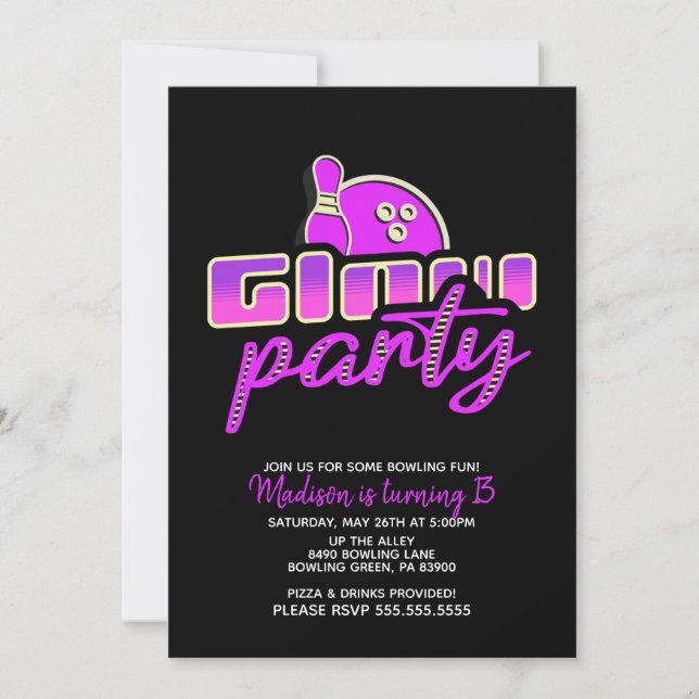 Modern Neon Bowling Party Bash Birthday Party Invitation (Front)