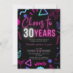 Modern Neon Cheers to 30 Years 30th Birthday Party Invitation