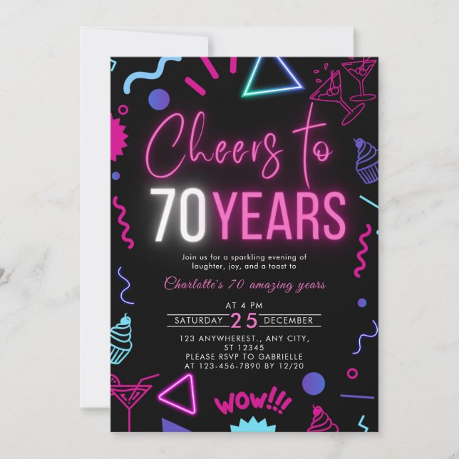 Modern Neon Cheers to 70 Years 70th Birthday Party Invitation (Front)