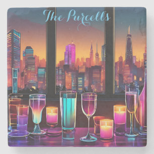 Modern Neon City Bar Square Marble Stone Coaster