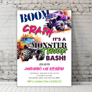 Modern Neon Colours Monster Truck Birthday Invitation
