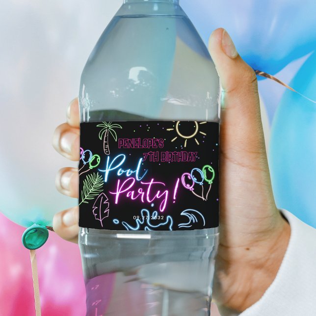 Modern Neon Glow Black Pool Party Birthday Water Bottle Label (Creator Uploaded)