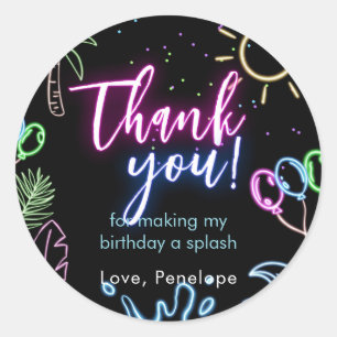 Modern Neon Glow Black Pool Party Thank you Classic Round Sticker