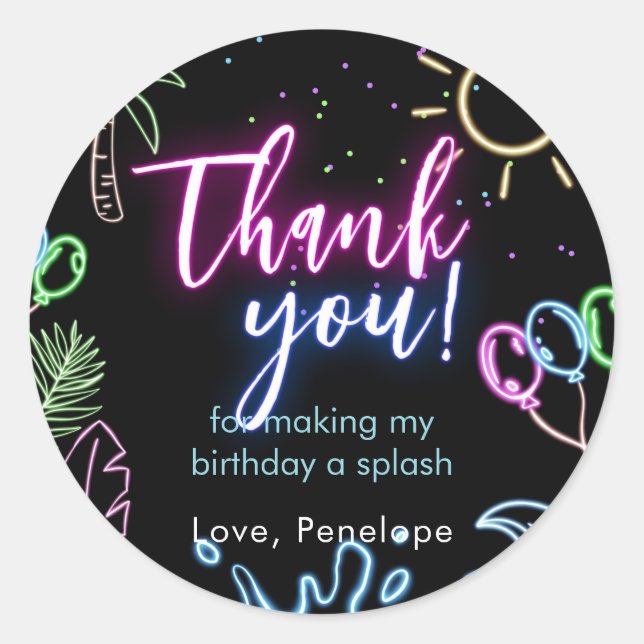 Modern Neon Glow Black Pool Party Thank you Classic Round Sticker (Front)