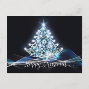Modern Neon Glow Black White Blue Christmas Tree Postcard