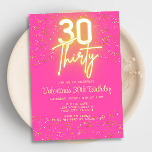 Modern Neon Glow Hot Pink Gold Glitter 30 Birthday Invitation