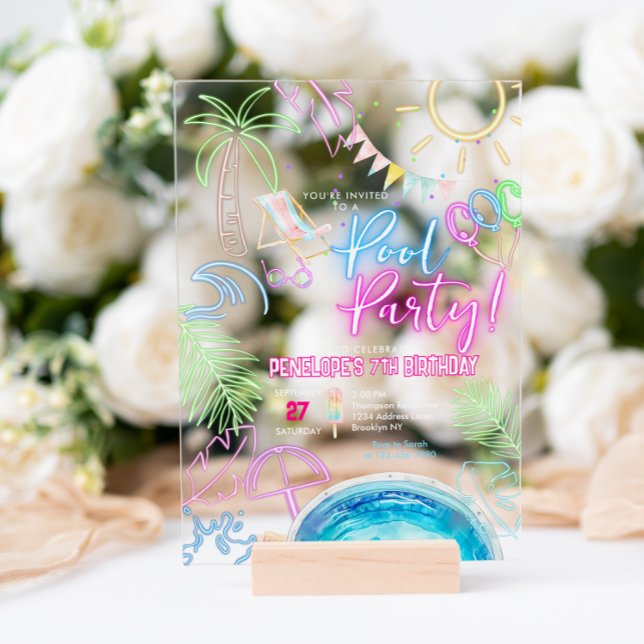 Modern Neon Glow Watercolor Pool Party Birthday Acrylic Invitations (Creator Uploaded)