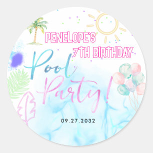 Modern Neon Glow Watercolor Pool Party Birthday Classic Round Sticker