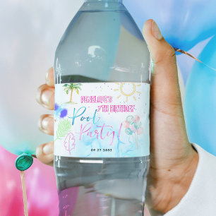 Modern Neon Glow Watercolor Pool Party Birthday Water Bottle Label