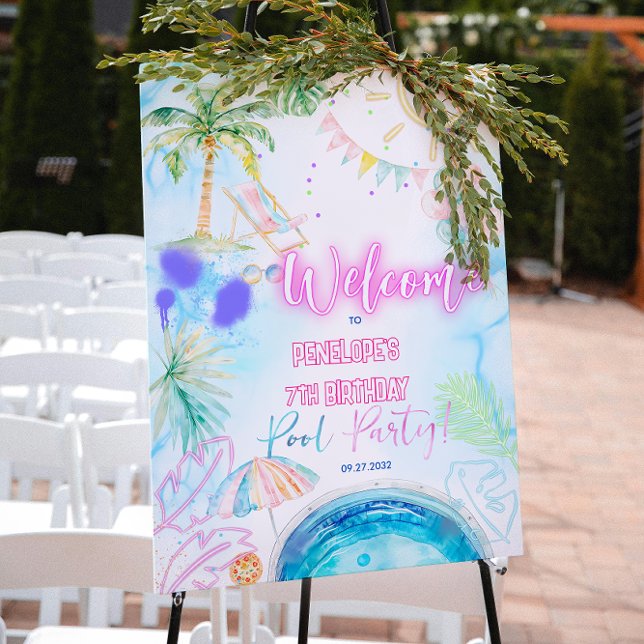 Modern Neon Glow Watercolor Pool Party Welcome Poster (Creator Uploaded)