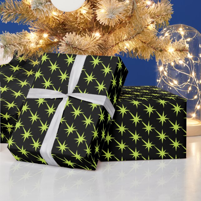 Modern neon green black starburst stars pattern wrapping paper (Holidays)