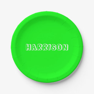 Modern neon green custom name birthday paper plate