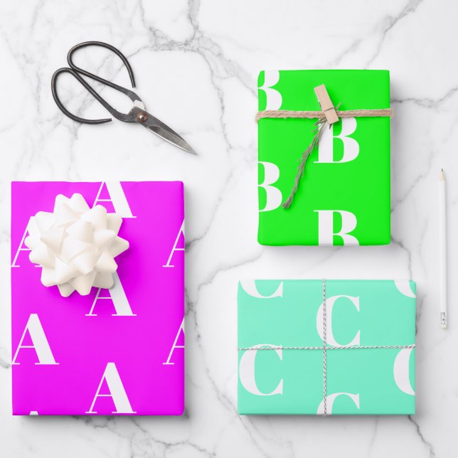 Modern neon green magenta aqua custom initial wrapping paper sheet (Front)