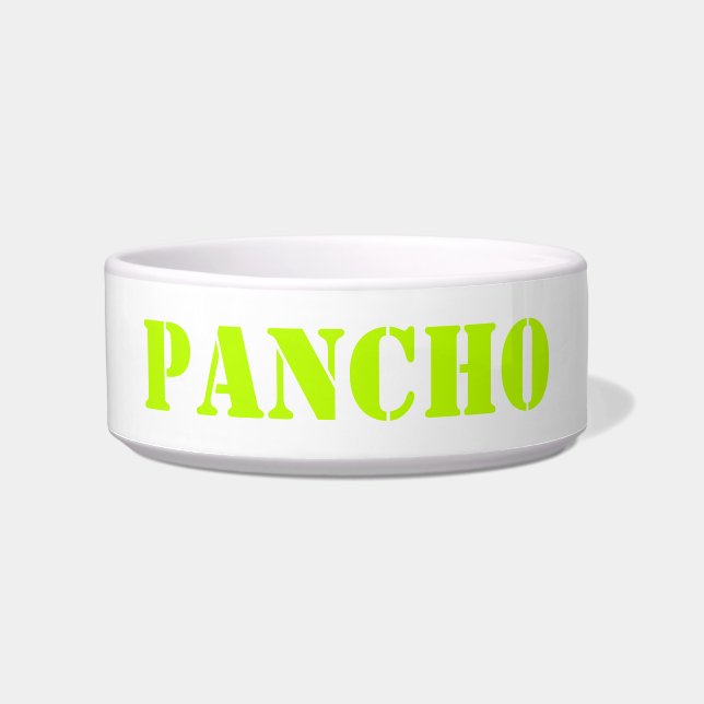 Modern neon green white custom name dog cat bowl (Front)