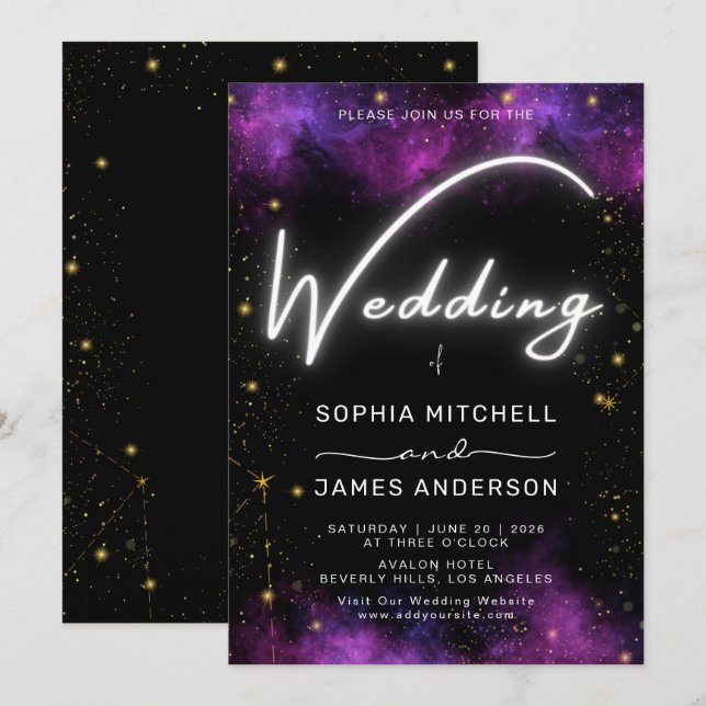 Modern Neon Light Galaxy Black Purple Wedding Invitation (Front/Back)