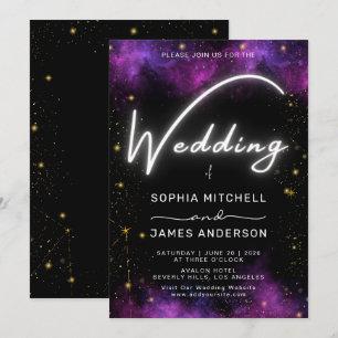 Modern Neon Light Galaxy Black Purple Wedding Invitation