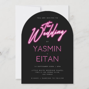 Modern Neon Lights Pink Black Arch Wedding Invitation