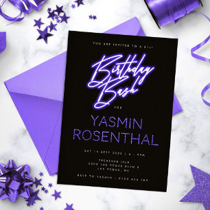 Modern Neon Lights Purple Black Birthday Invitation