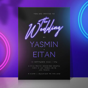 Modern Neon Lights Purple Black Wedding Invitation
