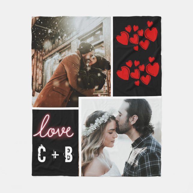 Modern Neon Love Typography And Photo Collage Fleece Blanket (Front)