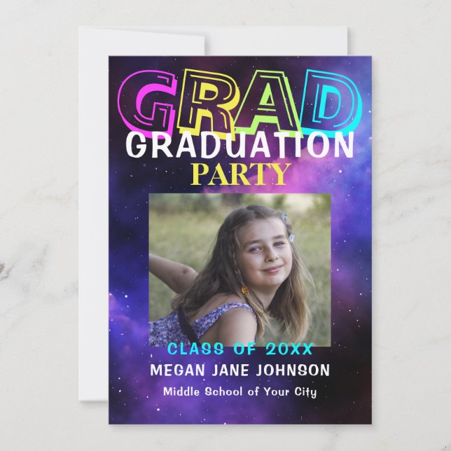 Modern neon middle school photo graduation party invitation (Front)